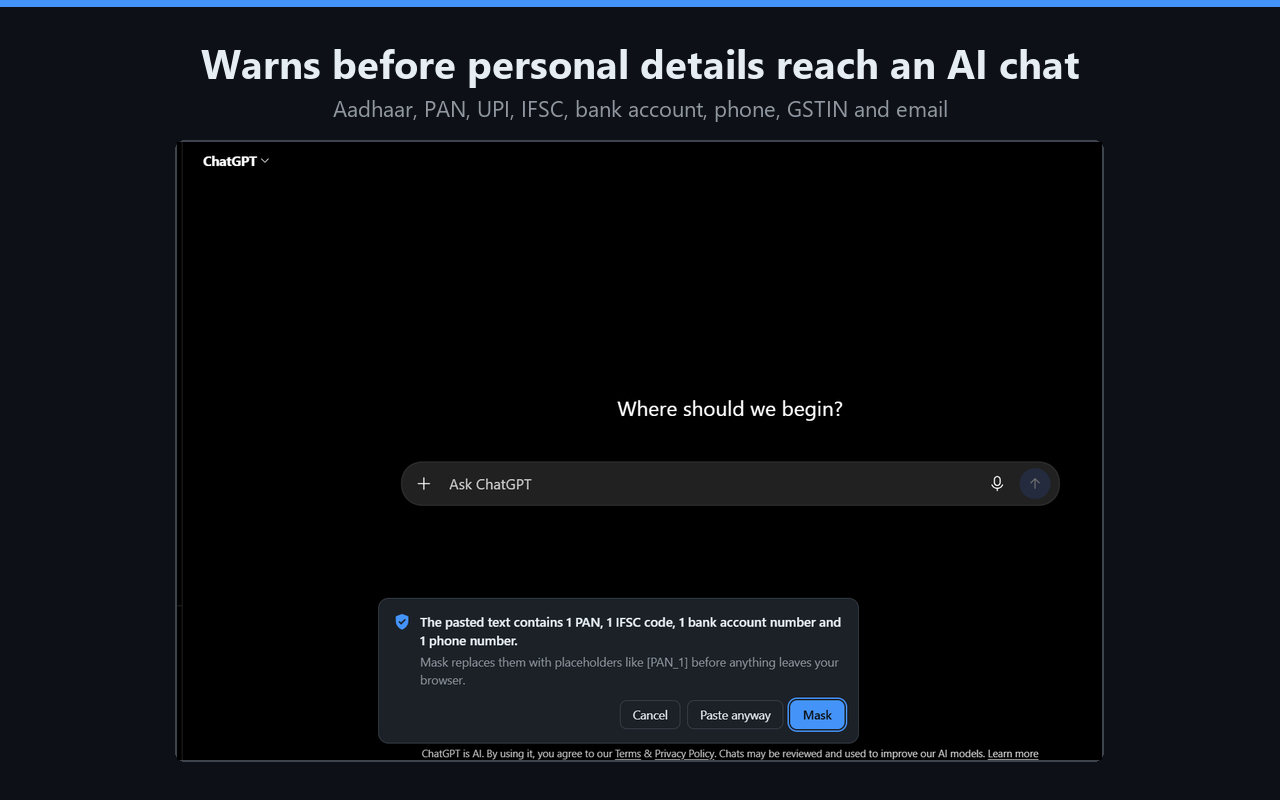 Kavach banner on ChatGPT listing the personal details found in pasted text, with Mask, Send anyway and Cancel buttons